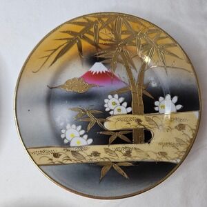 Japan Porcelain Ceramic Hand Decorated Mt Fuji Gold Bamboo 4 in Diameter Plate